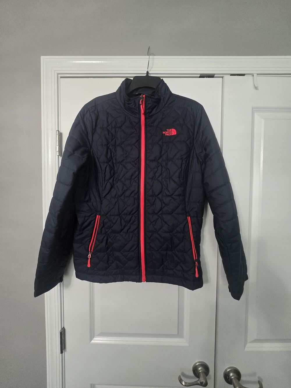 The North Face Navy Quilted Puffer Jacket with Pink Trim